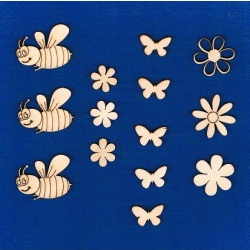SKLEJKA #3mm Pszczoła, motylek, kwiatuszki  kmpl: 14szt / SKLEJKA #3mm, kwiaty, pszczoły